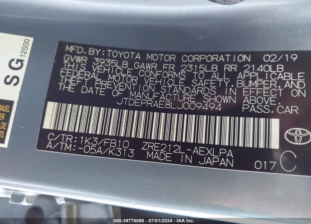 2020 TOYOTA COROLLA LE VIN: JTDEPRAE8LJ009494
