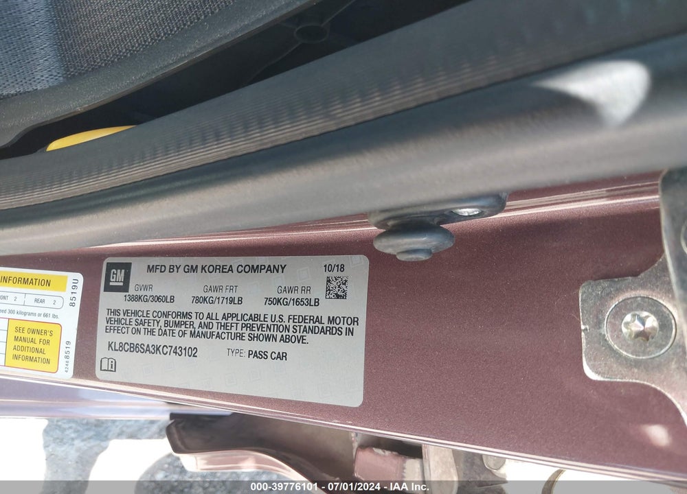 2019 CHEVROLET SPARK LS CVT VIN: KL8CB6SA3KC743102