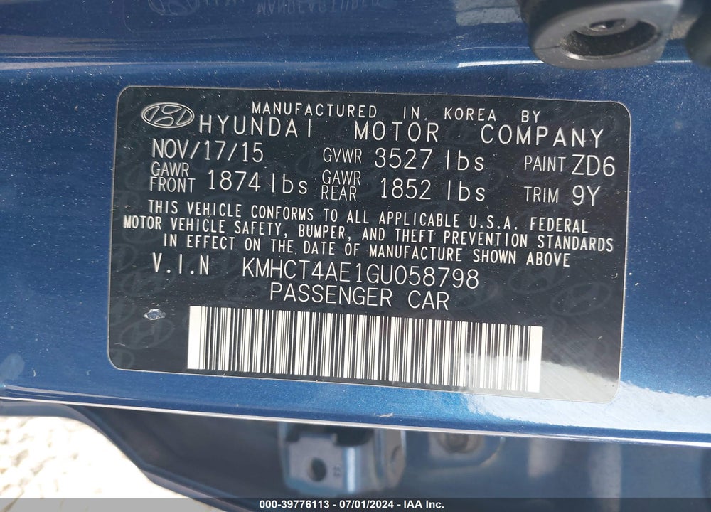 2016 HYUNDAI ACCENT VIN: KMHCT4AE1GU058798