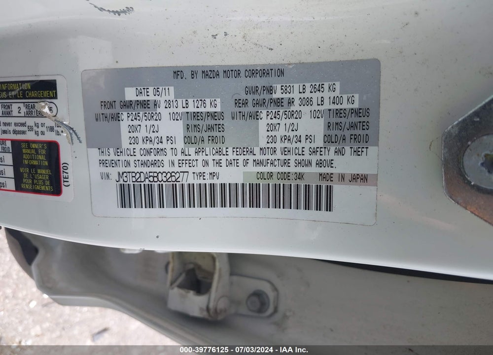 2011 MAZDA CX-9 GRAND TOURING VIN: JM3TB2DA5B0326277