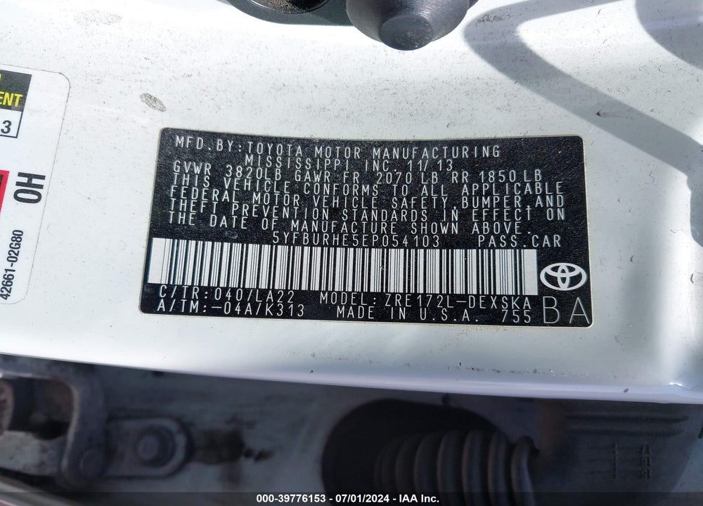 2014 TOYOTA COROLLA S PREMIUM VIN: 5YFBURHE5EP054103