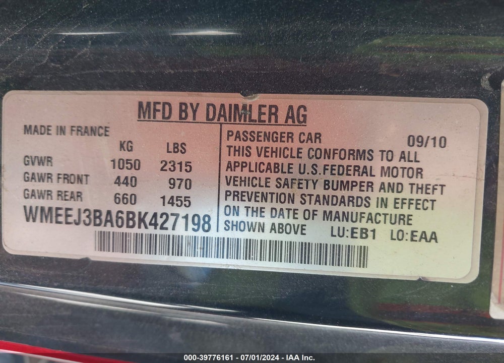 2011 SMART FORTWO PASSION/PURE VIN: WMEEJ3BA6BK427198
