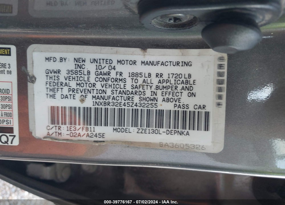2005 TOYOTA COROLLA CE/LE/S VIN: 1NXBR32E45Z432255