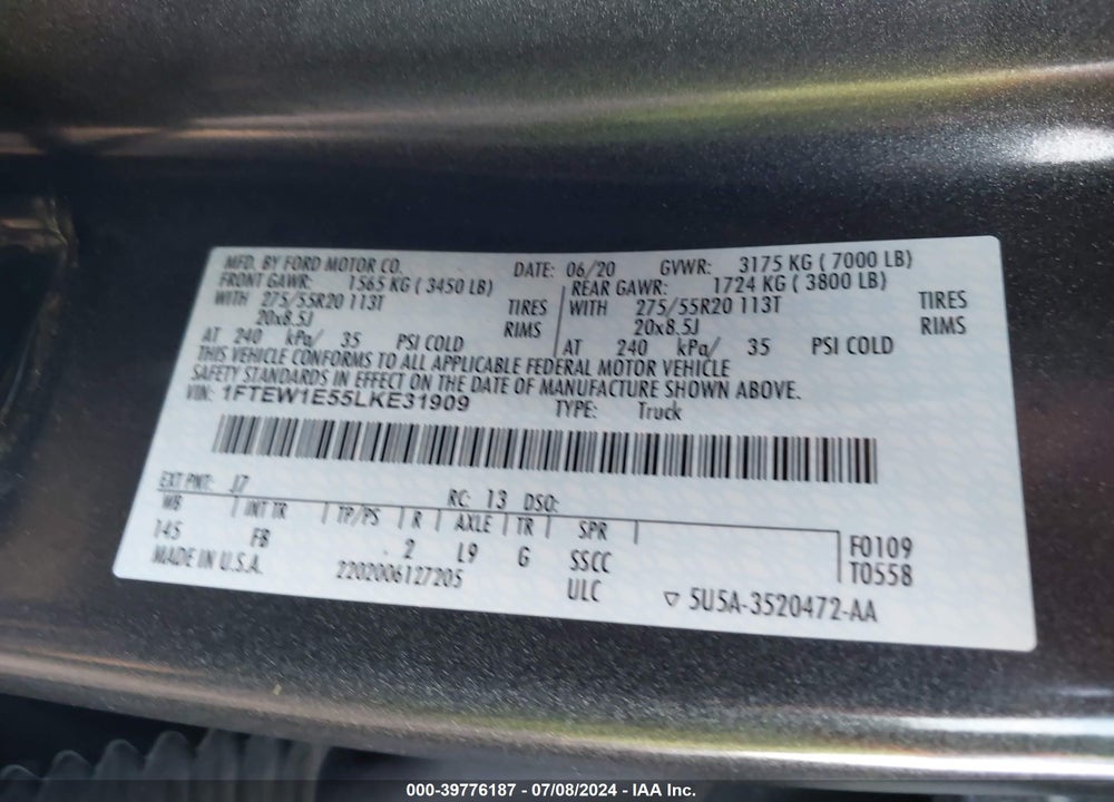 2020 FORD F-150 XLT VIN: 1FTEW1E55LKE31909