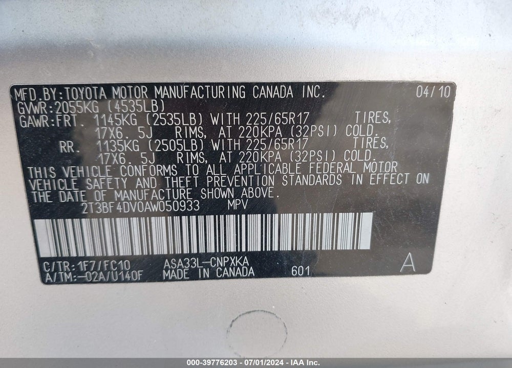 2010 TOYOTA RAV4 VIN: 2T3BF4DV0AW050933