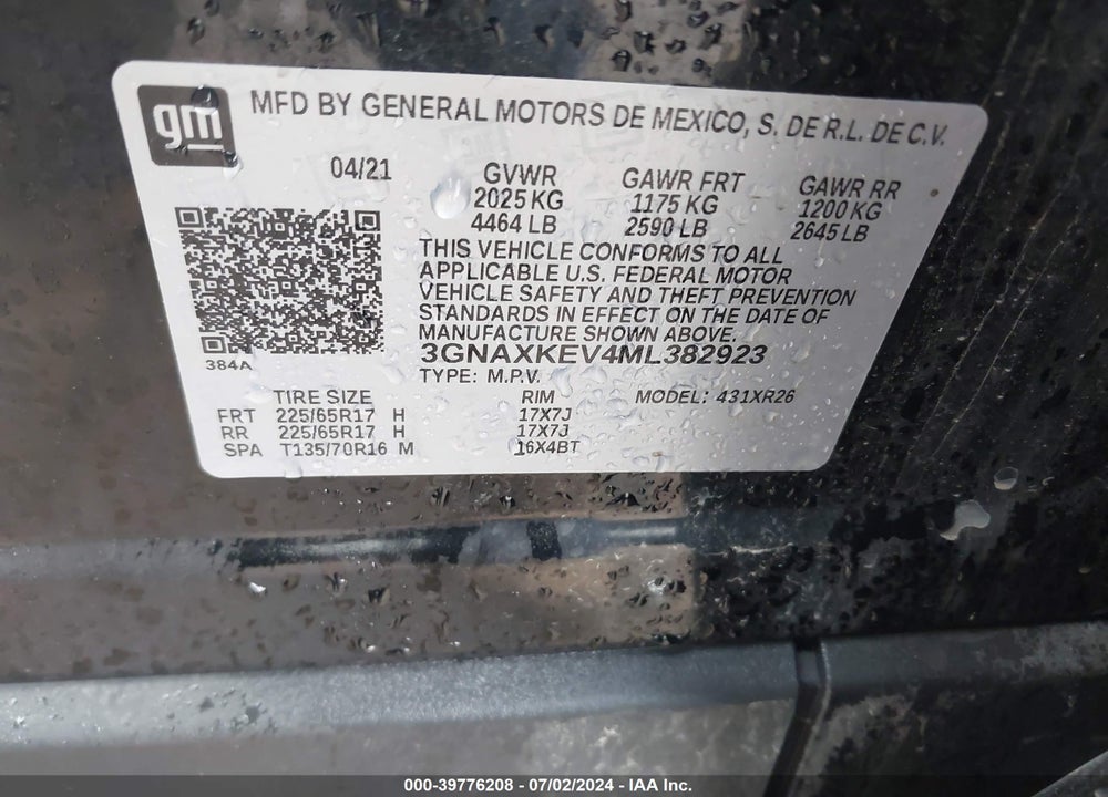 2021 CHEVROLET EQUINOX FWD LT VIN: 3GNAXKEV4ML382923