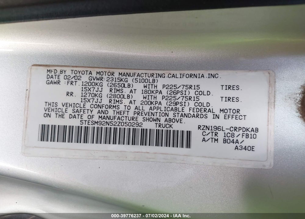 2002 TOYOTA TACOMA PRERUNNER VIN: 5TESM92N52Z050292