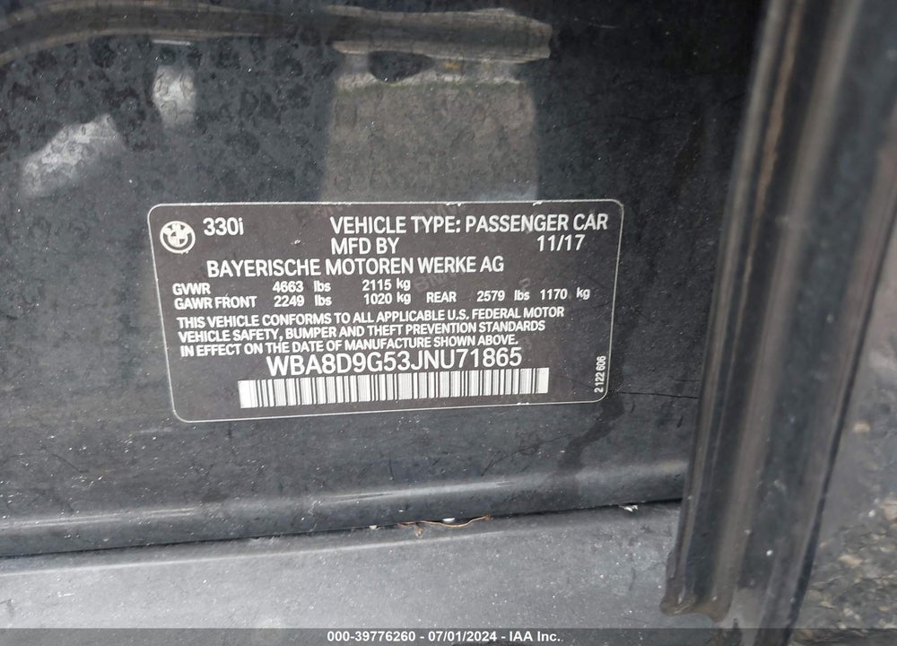 2018 BMW 330I XDRIVE VIN: WBA8D9G53JNU71865