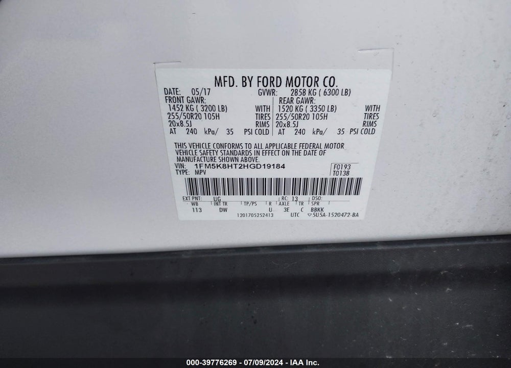 2017 FORD EXPLORER PLATINUM VIN: 1FM5K8HT2HGD19184