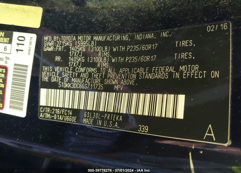 2016 TOYOTA SIENNA LE 8 PASSENGER VIN: 5TDKK3DC6GS711735