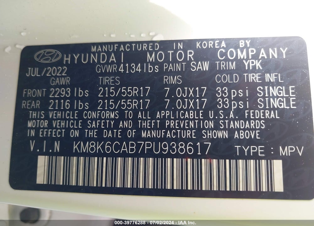 2023 HYUNDAI KONA SEL VIN: KM8K6CAB7PU938617