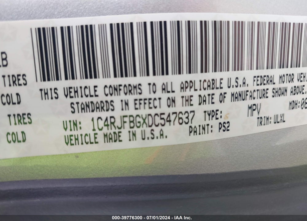 2013 JEEP GRAND CHEROKEE LIMITED VIN: 1C4RJFBGXDC547637