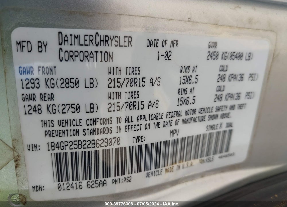 2002 DODGE CARAVAN SE VIN: 1B4GP25B22B629070