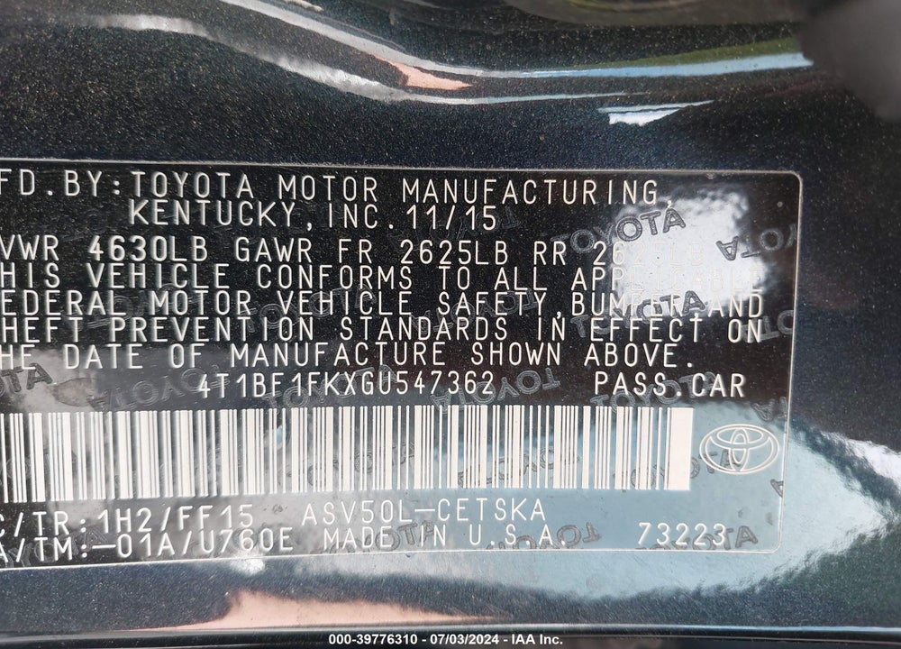2016 TOYOTA CAMRY VIN: 4T1BF1FKXGU547362