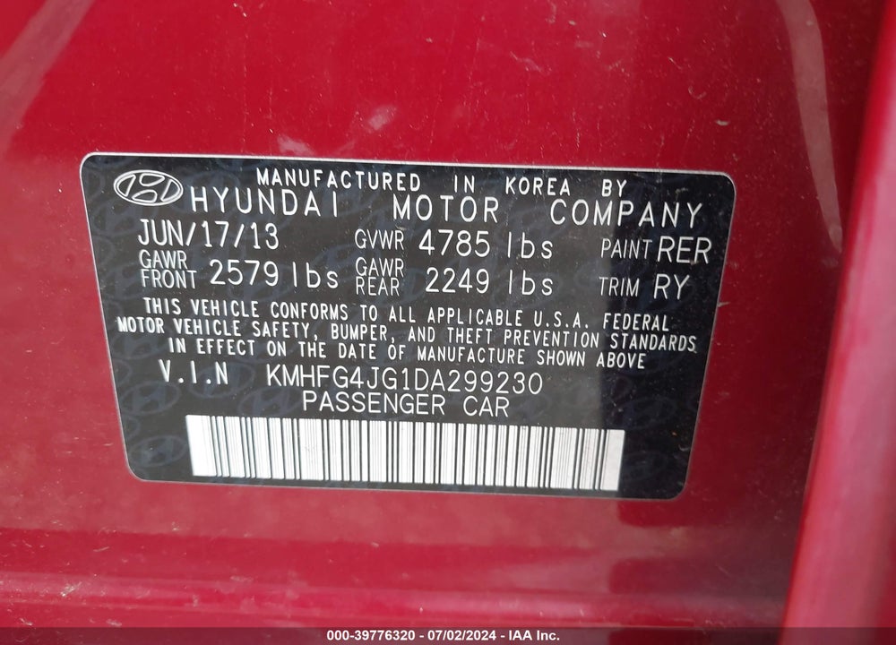 2013 HYUNDAI AZERA VIN: KMHFG4JG1DA299230