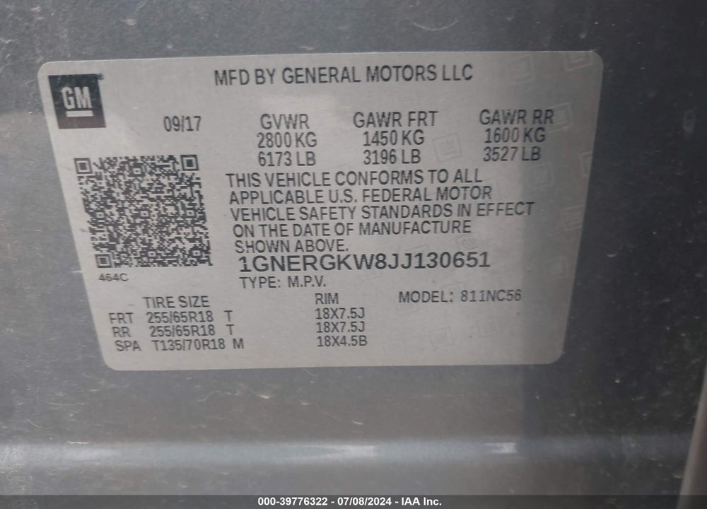 2018 CHEVROLET TRAVERSE 1LT VIN: 1GNERGKW8JJ130651