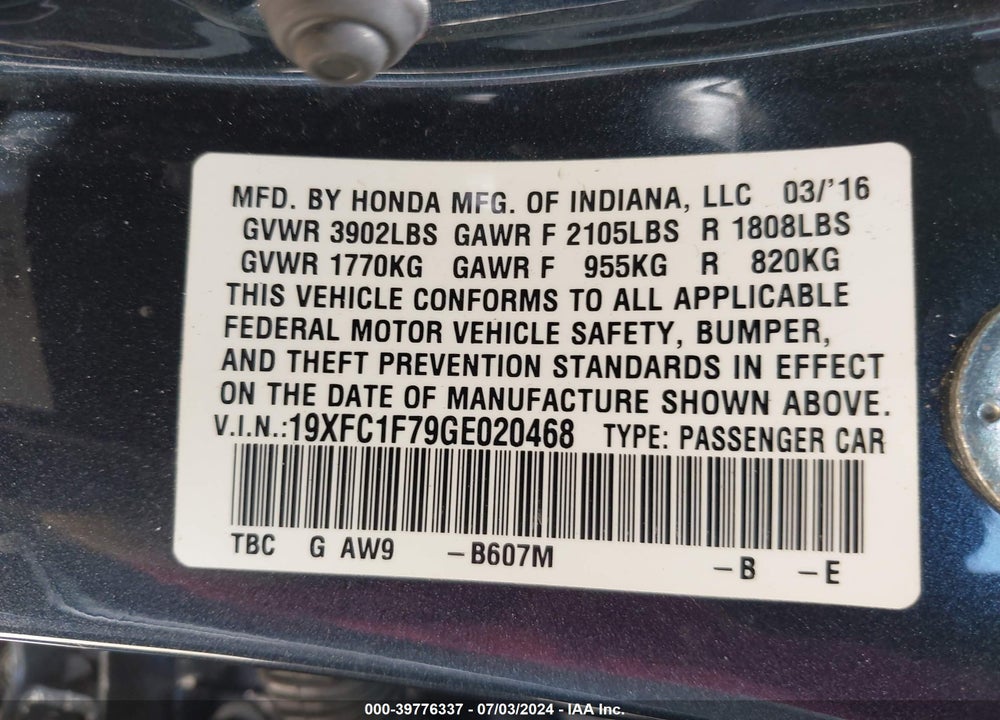 2016 HONDA CIVIC EX-L VIN: 19XFC1F79GE020468