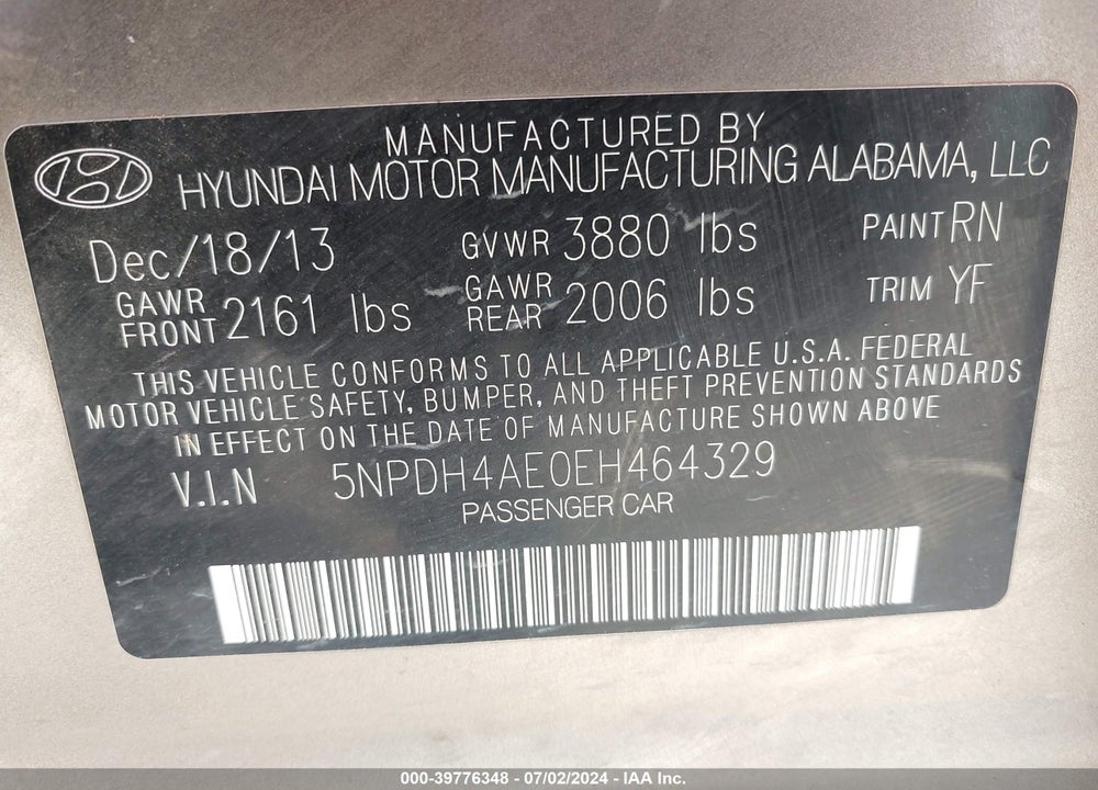 2014 HYUNDAI ELANTRA SE VIN: 5NPDH4AE0EH464329