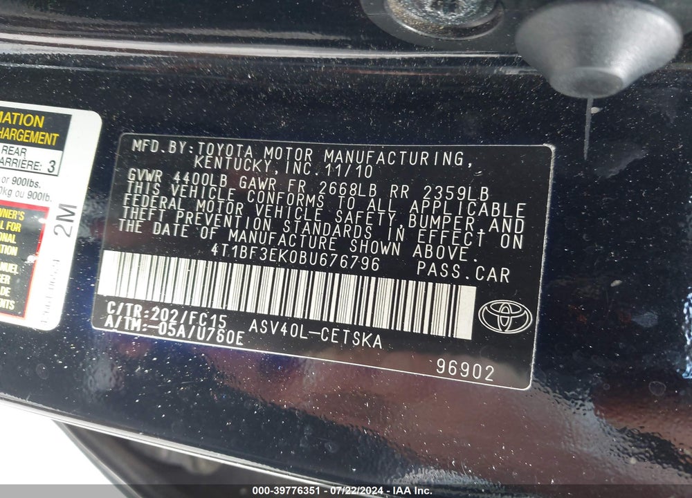 2011 TOYOTA CAMRY SE VIN: 4T1BF3EK0BU676796