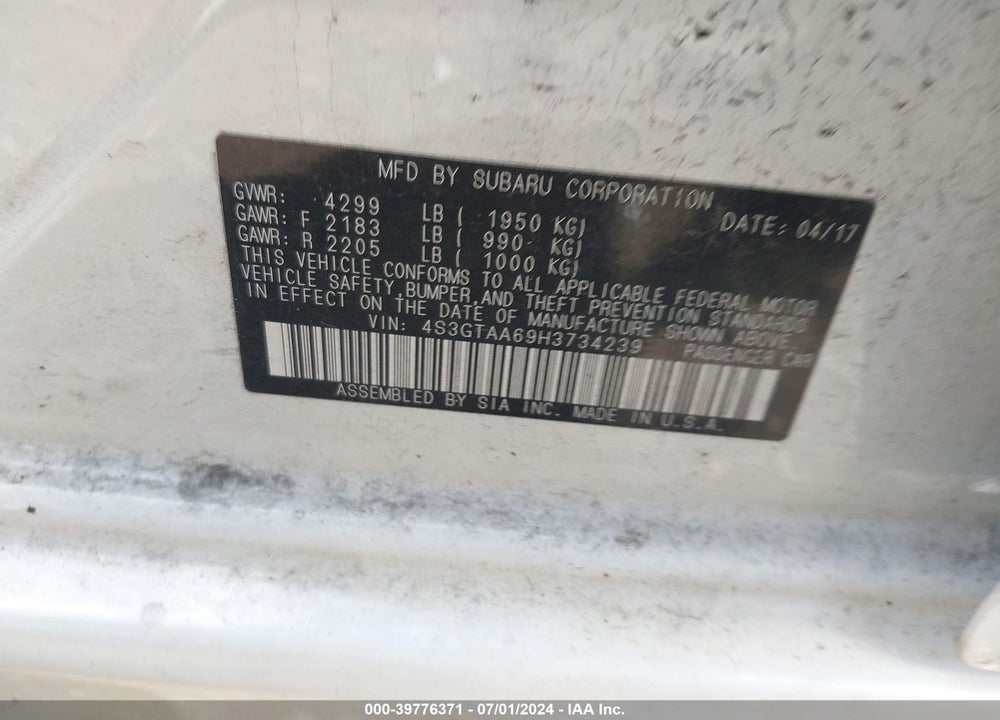 2017 SUBARU IMPREZA 2.0I VIN: 4S3GTAA69H3734239
