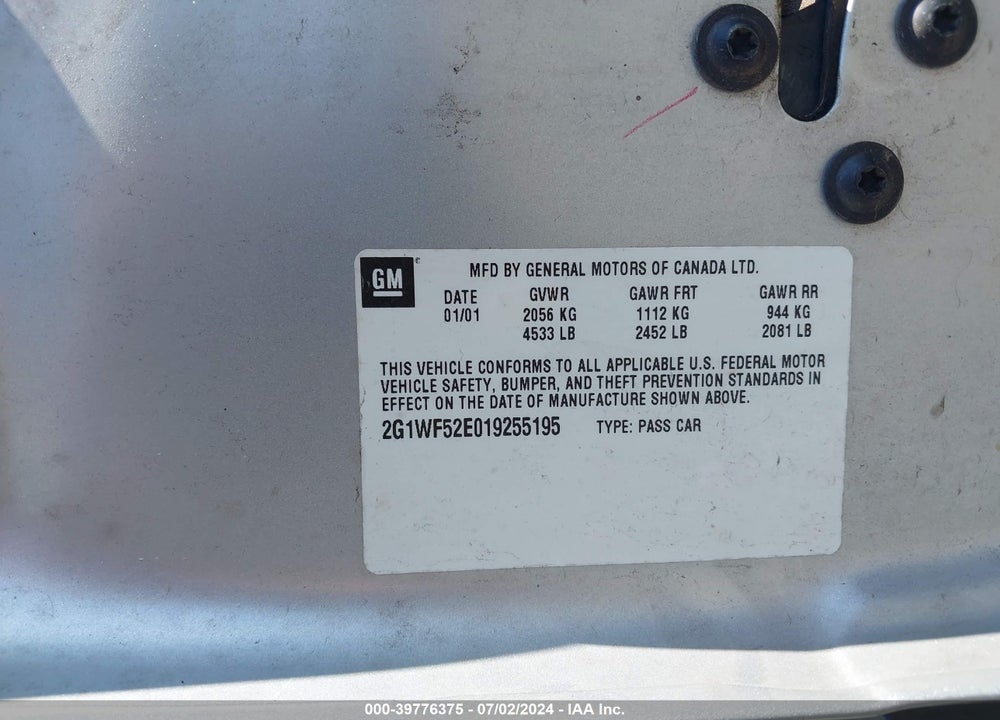 2001 CHEVROLET IMPALA VIN: 2G1WF52E019255195