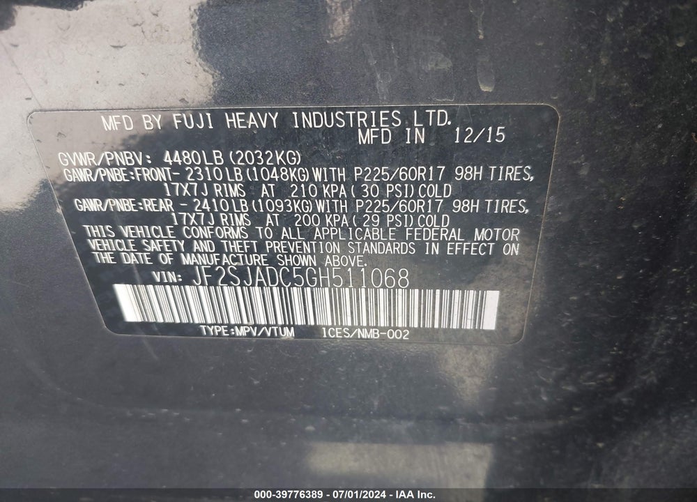 2016 SUBARU FORESTER 2.5I PREMIUM VIN: JF2SJADC5GH511068