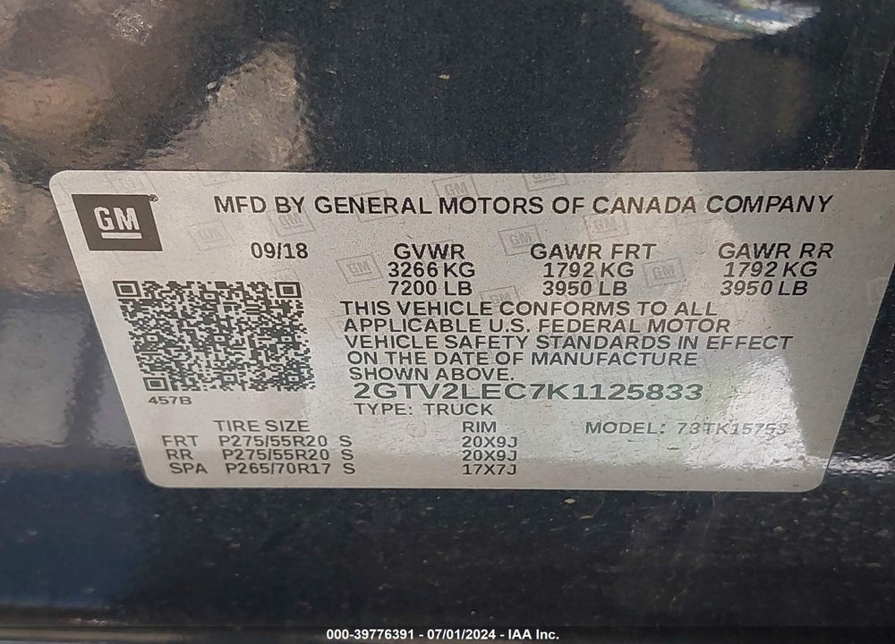 2019 GMC SIERRA 1500 LIMITED VIN: 2GTV2LEC7K1125833