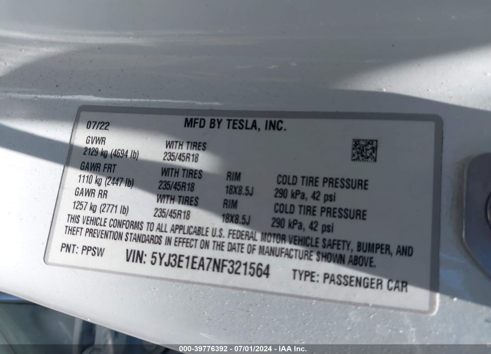 2022 TESLA MODEL 3 REAR-WHEEL DRIVE VIN: 5YJ3E1EA7NF321564
