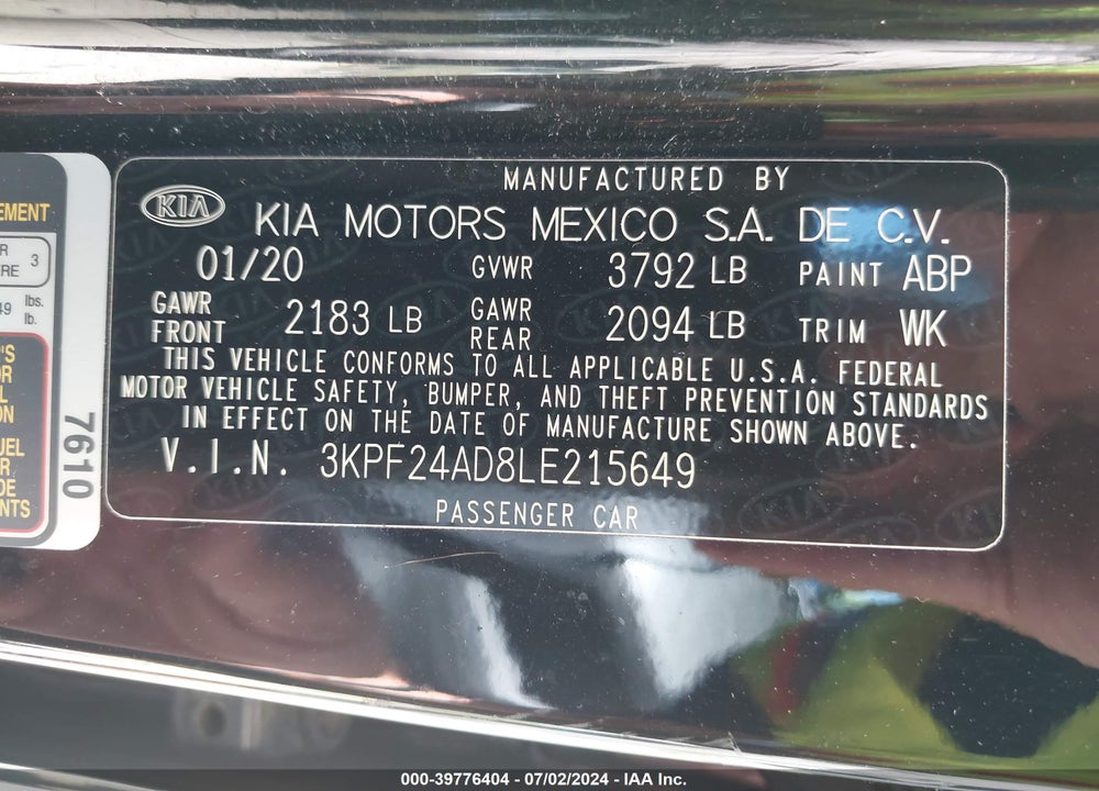 2020 KIA FORTE LXS VIN: 3KPF24AD8LE215649