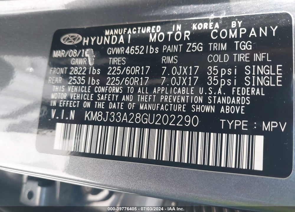 2016 HYUNDAI TUCSON ECO VIN: KM8J33A28GU202290