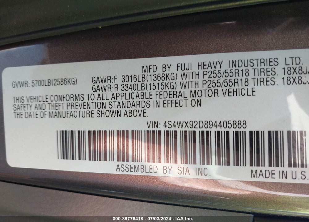 2009 SUBARU TRIBECA SPECIAL EDITION 5-PASSENGER VIN: 4S4WX92D894405888