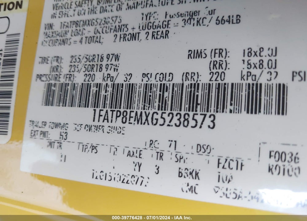 2016 FORD MUSTANG V6 VIN: 1FATP8EMXG5238573