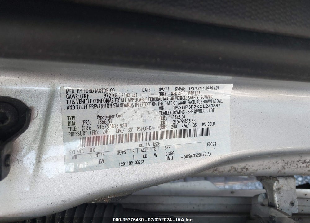 2012 FORD FOCUS SE VIN: 1FAHP3F2XCL240867