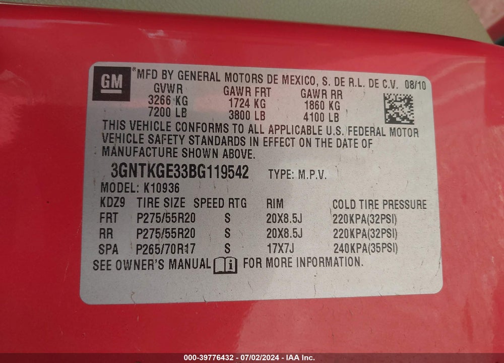 2011 CHEVROLET AVALANCHE 1500 LTZ VIN: 3GNTKGE33BG119542