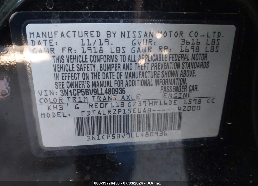 2020 NISSAN KICKS S XTRONIC CVT VIN: 3N1CP5BV9LL480936