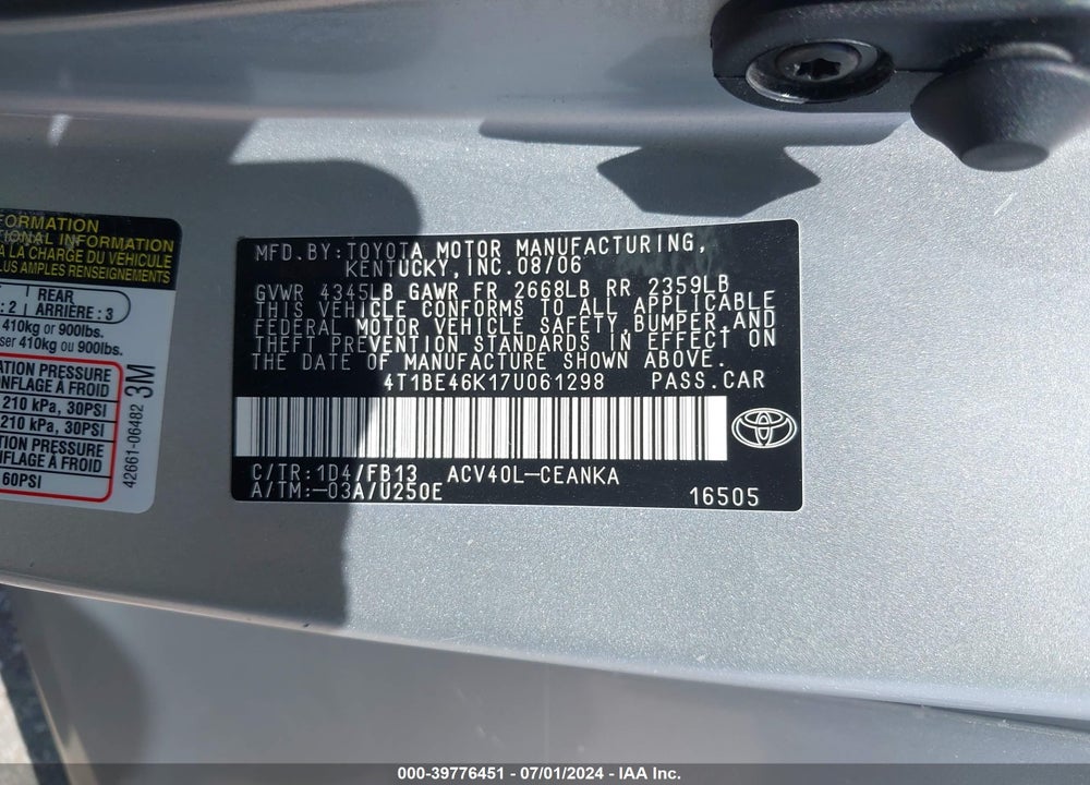 2007 TOYOTA CAMRY LE VIN: 4T1BE46K17U061298