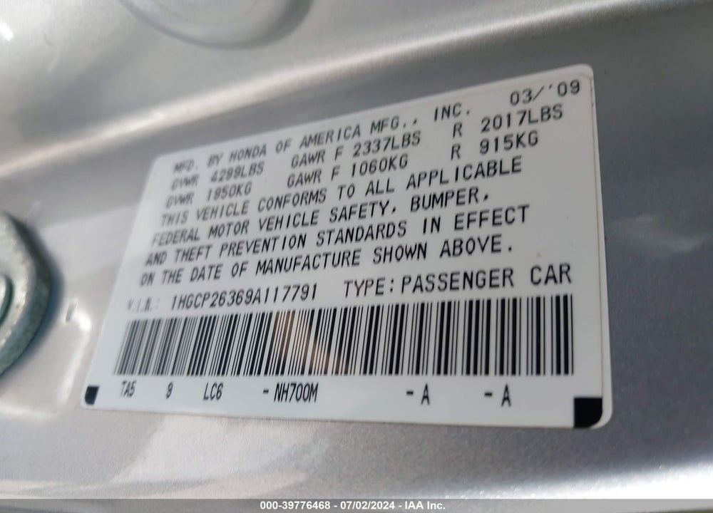 2009 HONDA ACCORD 2.4 LX VIN: 1HGCP26369A117791
