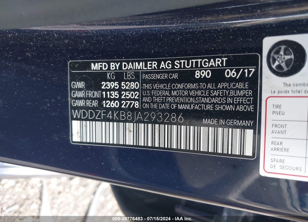 2018 MERCEDES-BENZ E 300 4MATIC VIN: WDDZF4KB8JA293286