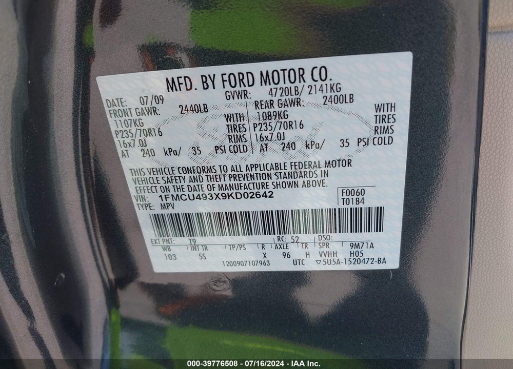 2009 FORD ESCAPE HYBRID VIN: 1FMCU493X9KD02642