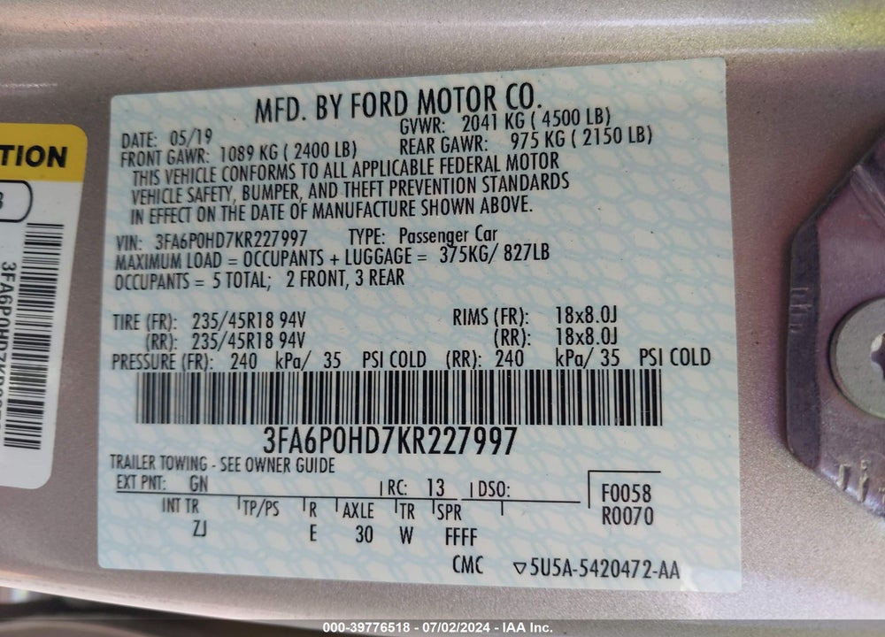 2019 FORD FUSION VIN: 3FA6P0HD7KR227997
