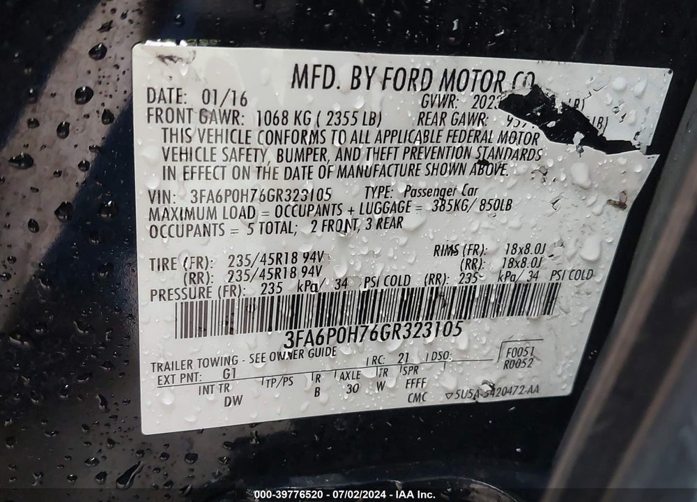 2016 FORD FUSION SE VIN: 3FA6P0H76GR323105