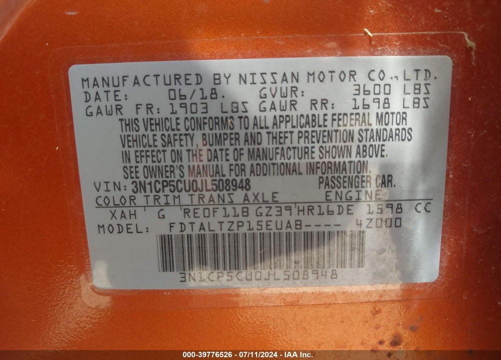 2018 NISSAN KICKS SR VIN: 3N1CP5CU0JL508948