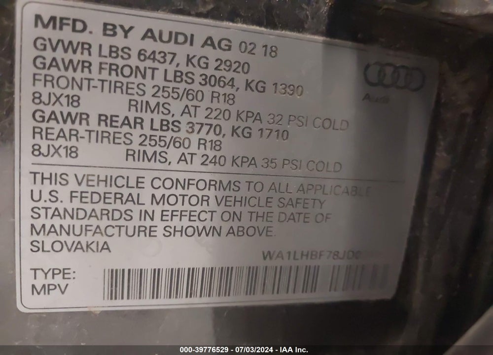 2018 AUDI Q7 2.0T PREMIUM VIN: WA1LHBF78JD034097