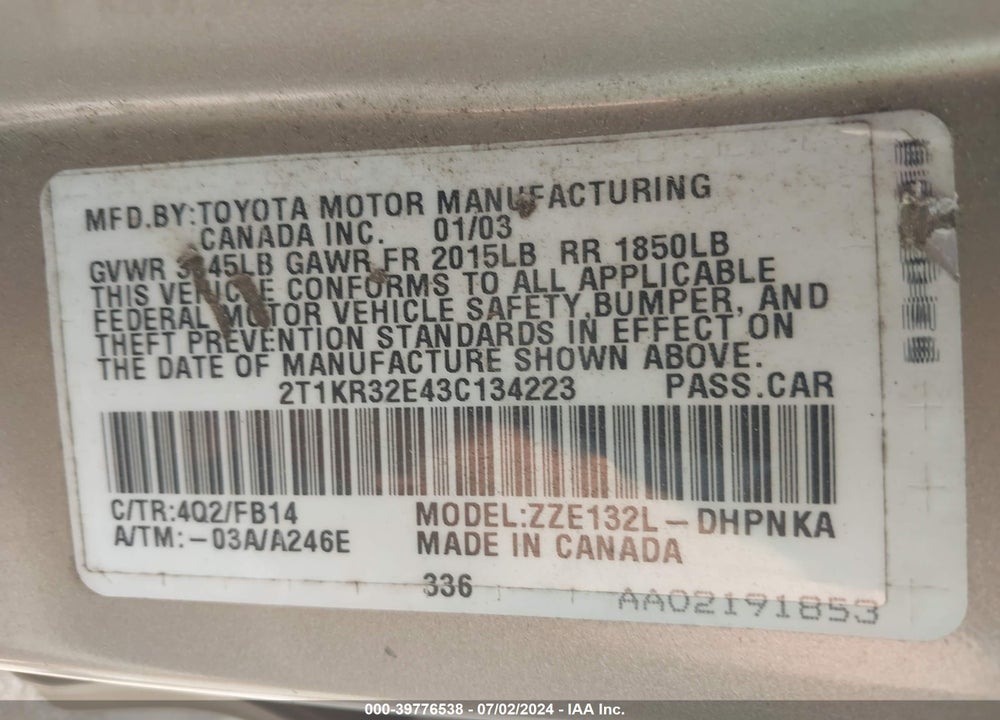 2003 TOYOTA MATRIX/XR VIN: 2T1KR32E43C134223