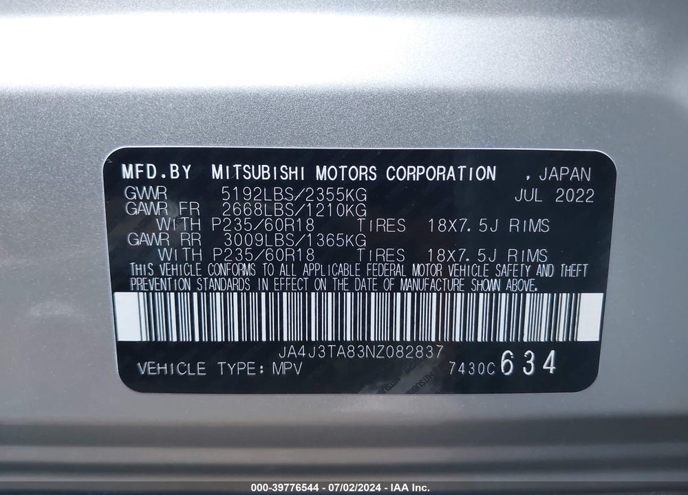 2022 MITSUBISHI OUTLANDER ES 2.5 2WD VIN: JA4J3TA83NZ082837