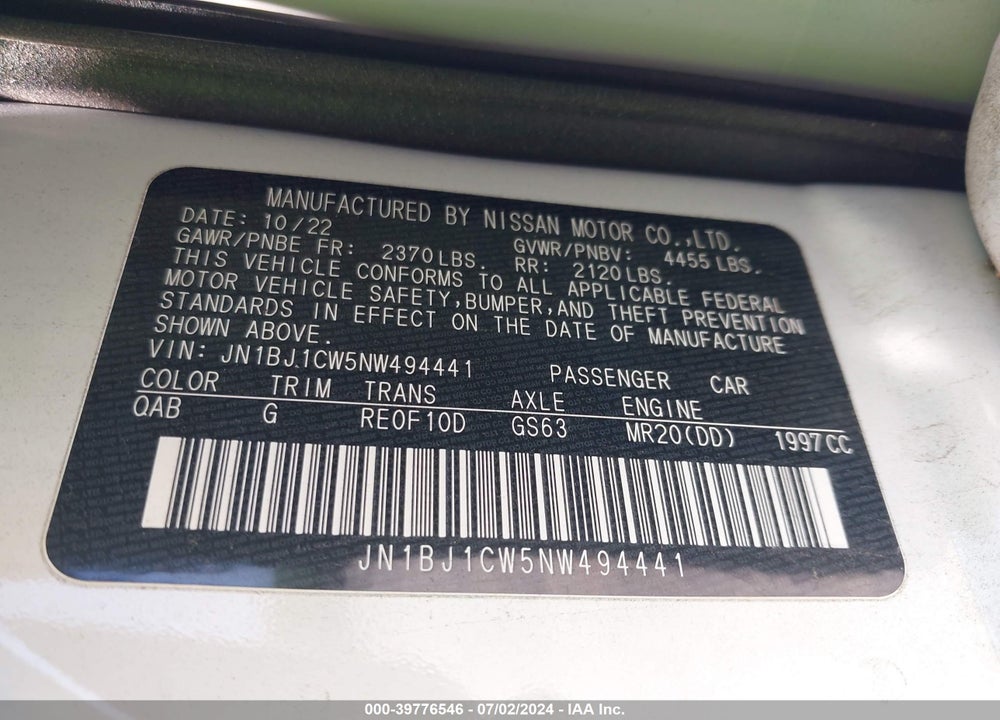 2022 NISSAN ROGUE SPORT SL AWD XTRONIC CVT VIN: JN1BJ1CW5NW494441