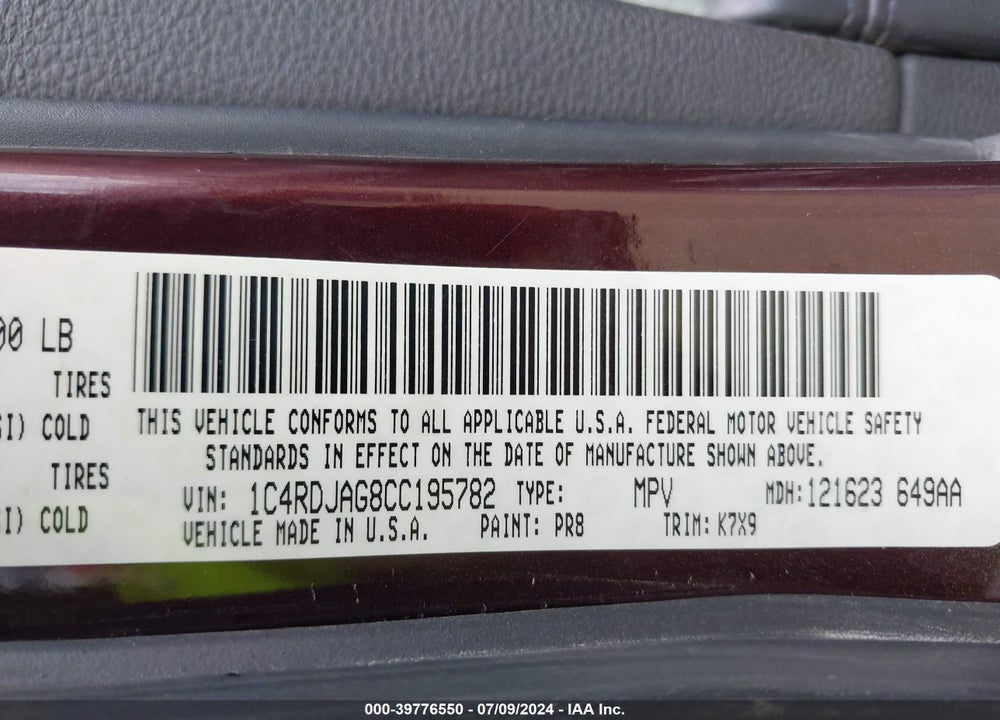 2012 DODGE DURANGO SXT VIN: 1C4RDJAG8CC195782