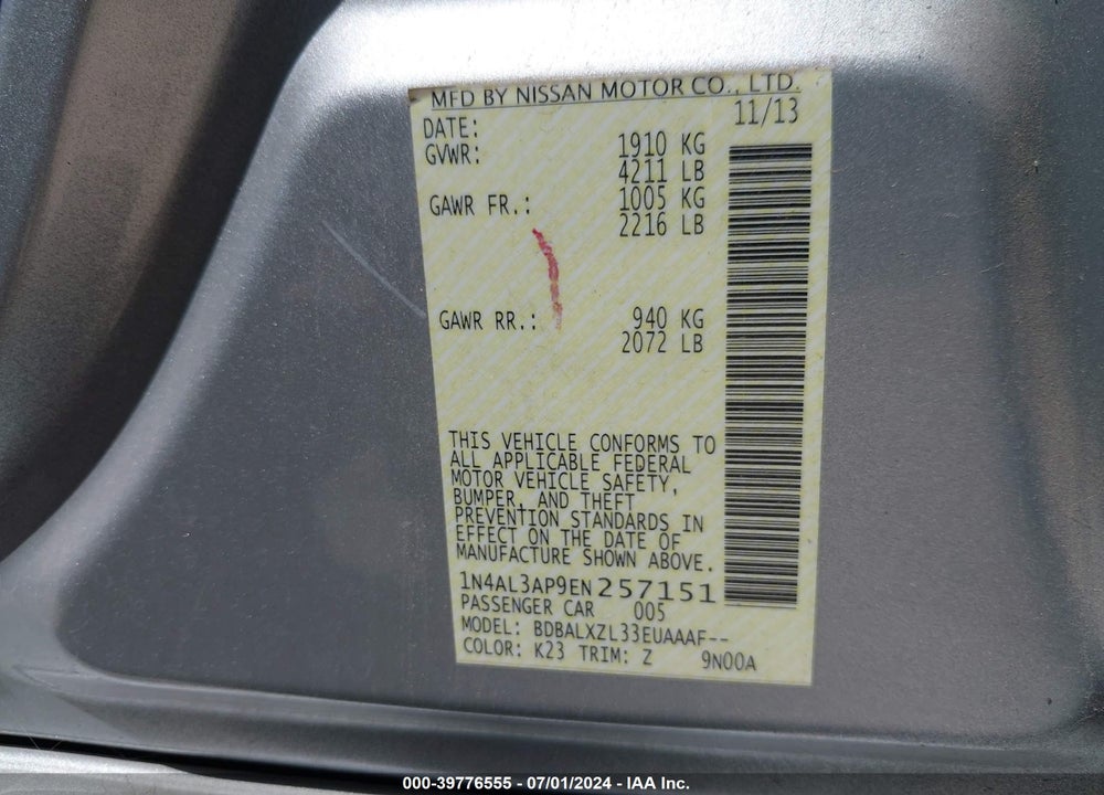 2014 NISSAN ALTIMA VIN: 1N4AL3AP9EN257151
