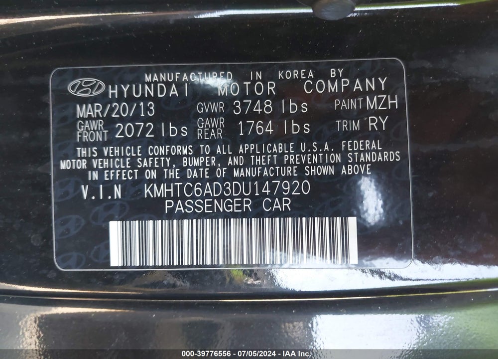 2013 HYUNDAI VELOSTER BASE W/BLACK VIN: KMHTC6AD3DU147920