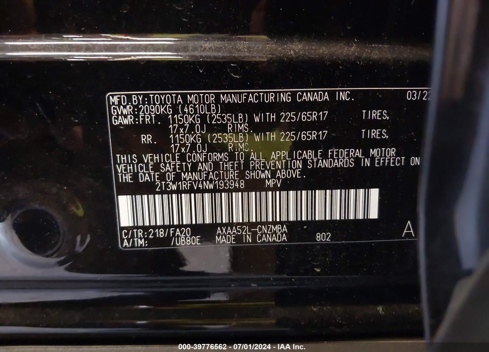 2022 TOYOTA RAV4 XLE VIN: 2T3W1RFV4NW193948